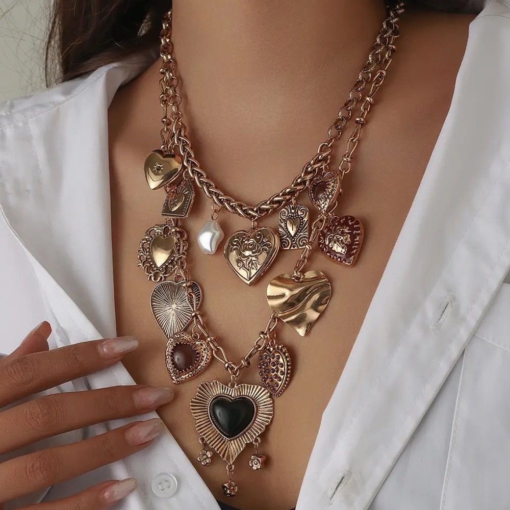 Zara 2-chains Heart Drop Charms Double Chain Necklaces Set - Picture 7 of 16
